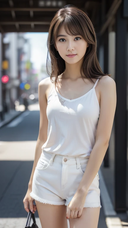 looking at viewer, Full body , standing, from front view,   on road, Japanese Girls ,(20-year-old),(Detailed face, Beautiful Eyes, bangs ,Light brown straight hair, Faint lips), (Middle chest, Slender Hoist, Middle Hip, Little public hair) ,White Tank top,...