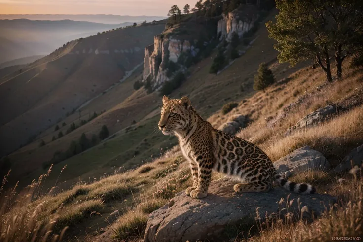 (best quality,4k,8k,highres,masterpiece:1.2),ultra-detailed,(realistic,photorealistic,photo-realistic:1.37),dawn,leopard perched on rugged cliff,overlooking vast grassland,dawn light casting long shadows,reflective eyes,soft sunlight,cinematic,illustration...