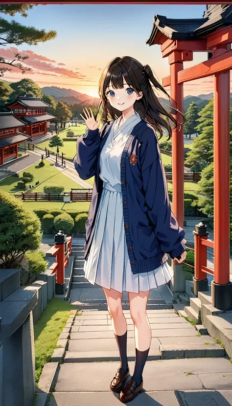 One Girl, (Sunset sky), Standing and waving, School Area, Countryside landscape, scenery, School Cardigan, (Sleeves are longer than the wrist), Powerful loafers, Black ash two side up hair, Blunt bangs, Beautiful dark eyes, Black knee socks, Cinema Lightin...