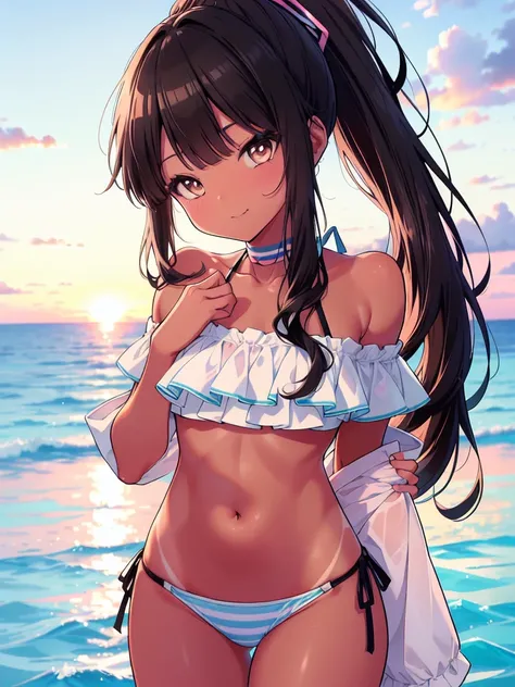 (cowboy shot), (ultra-high resolution, depth of field:1.2), 1woman, (tan skin:1.4), brown eyes, (long straight black hair), ponytail, bangs,  (medium breasts:1.2), off-shoulder bikini, light pink bikini, light blue chocker, (light blue stripes), tight stra...