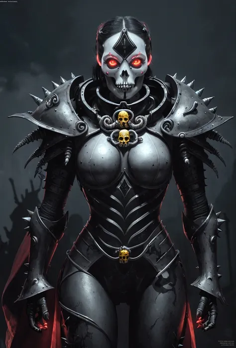 a gorgeous adepta sororitas from the movie tron, glowing skull armor, spikes, teeth, monster, dirty tentacles, pus pimples, crac...