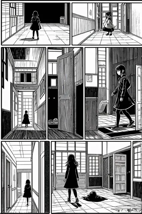 Comic storyboard:1.8, comic strip, text in Spanish,draw the story of a girl who is in a very quiet room, who out of nowhere hears a noise and goes out to investigate, but behind her appears a person just like her but with a slightly gloomy appearance., the...