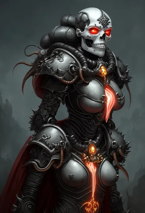 a gorgeous adepta sororitas from the movie tron, glowing skull armor, spikes, teeth, monster, dirty tentacles, pus pimples, crac...