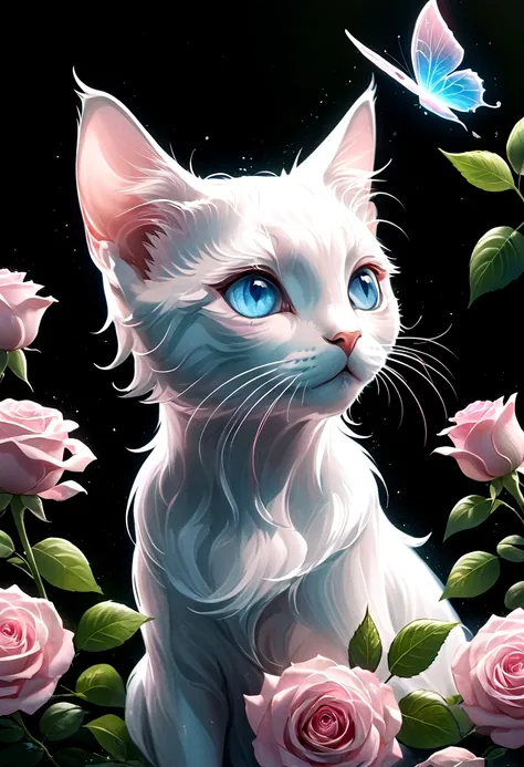 solo, looking at audience, blue eyes, flower, elf transparent wings, head tilt, no humans, little rose, animal, kitten, pink flower, realistic, animal focus, pink rose, whiskers