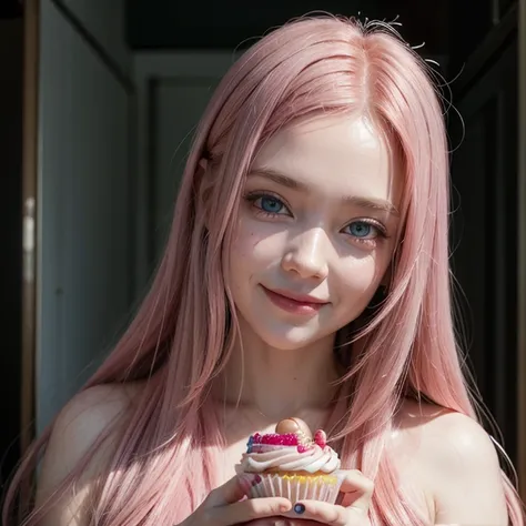 Woman, long pink hair, blue eyes, smiling, blood on her face, holding a cupcake