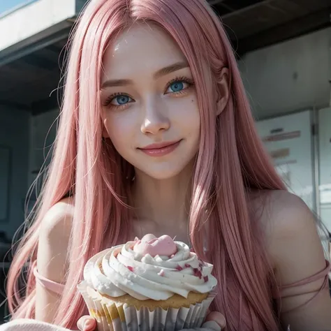 Woman, long pink hair, blue eyes, smiling, blood on her face, holding a cupcake