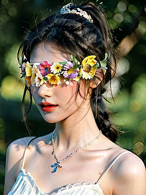 photorealistic rendering of one attractive girl, (flower blindfold), full body, raw photo, hdr, film photo, beautiful detailed e...