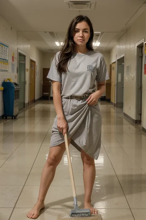 arafed woman sweeping the floor in a school hallway, high school, sweeping, clean detailed, super clean, miranda meeks, katey truhn, puttin, rachel wall, clean, alana fletcher, crisp and sharp, maintenance, clean line, jenna barton, b - roll, clean composi...