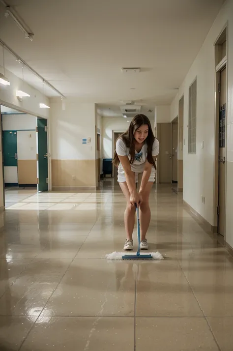 arafed woman sweeping the floor in a school hallway, high school, sweeping, clean detailed, super clean, miranda meeks, katey truhn, puttin, rachel wall, clean, alana fletcher, crisp and sharp, maintenance, clean line, jenna barton, b - roll, clean composi...