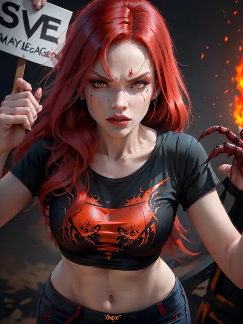 ((Highly detailed 1.3) A wicked woman, malignant, with flaming red hair, Scorpion, Agape Mouth, Fierce desire for blood. A young woman with fierce eyes, sign of Scorpio, T-shirt and pants