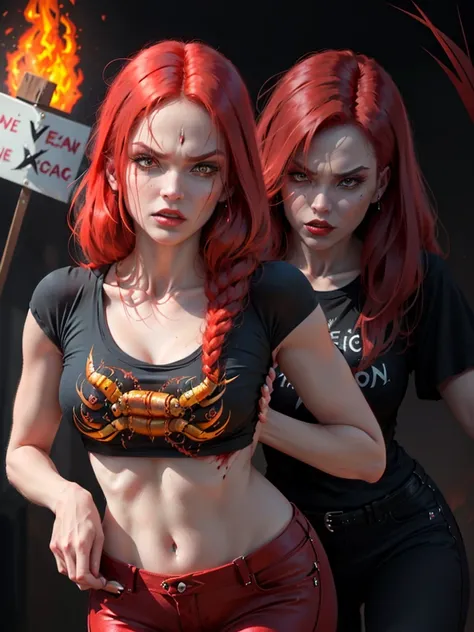 ((Highly detailed 1.3) A wicked woman, malignant, with flaming red hair, Scorpion, Agape Mouth, Fierce desire for blood. A young woman with fierce eyes, sign of Scorpio, T-shirt and pants