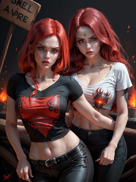 ((Highly detailed 1.3) A wicked woman, malignant, with flaming red hair, Scorpion, Agape Mouth, Fierce desire for blood. A young woman with fierce eyes, sign of Scorpio, T-shirt and pants