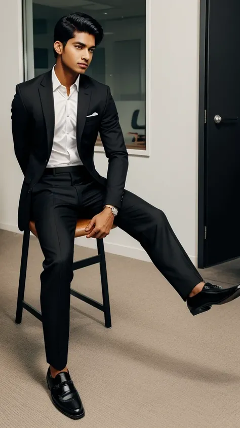 Make a phone wallpaper where a young Indian male sitting on a office chair wearing black suit pant shoes 