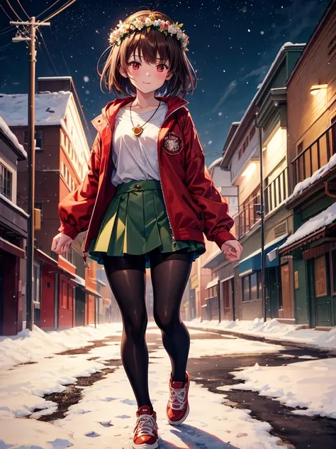 Anime, 1girl, brown hair, short hair, red eyes, green jacket, red knife, white shirt, flower crown, brown shorts, red shoes, night, black tights leggings, golden heart locket, slight smile, snow, snowflakes, light blush