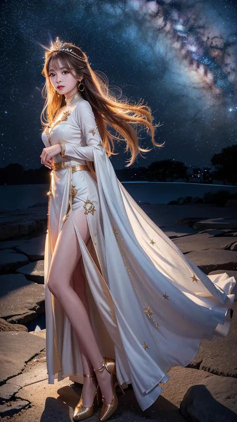 (masterpiece、Highest quality、High resolution、8K、16K)、((Alone in space、Beautiful Goddess、Standing posture、フローティング in the sky like a star))、((whole body))、Golden Cape、White long dress、No sleeve、Adorned with vibrant jewels、Gold Bracelet、Blonde middle、Beautifu...