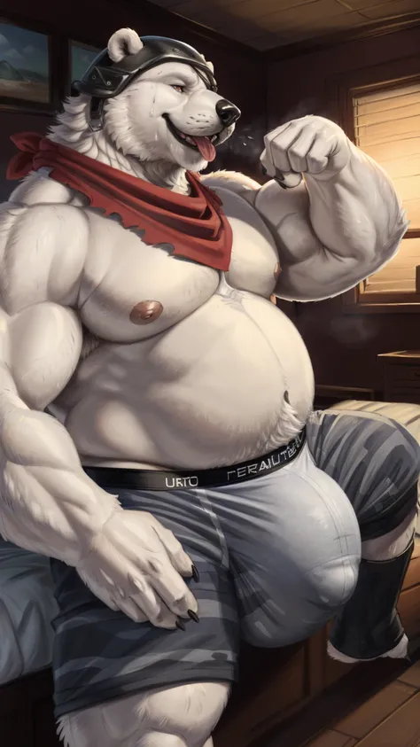 (by personalami realistic, by narse, by honovy, by tojo the thief) a by realista fur in white , Very strong but very craving in face_polar bear patroller,(verg tongue of dicha in face ),verg big huge chest muscles of fur in white to chest, mouth of tongue ...