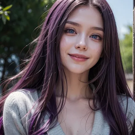 Woman, long purple hair, blood on her face, blue eyes, smiling