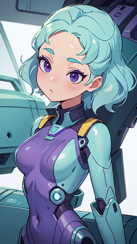  a sexy elite girl, beautiful, tall, wavy light blue hair, short cut, short forehead, her soft green eye, purple eyelashes, she wears a robotic metallic top, a military ship&#39;s aerial suit and pants, a gray military aerial suit&#39;s armor, black gloves...