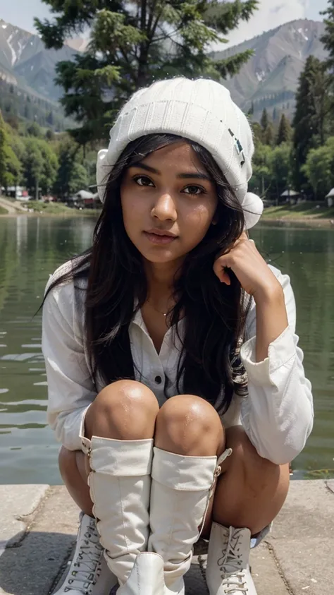 A indian gril black hair    a  white cap with her hed   at Kashmir lake siting a boot