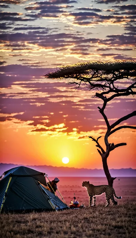 highest quality、masterpiece、sunset savanna、an old man setting up a tent、a cheetah in the distance、