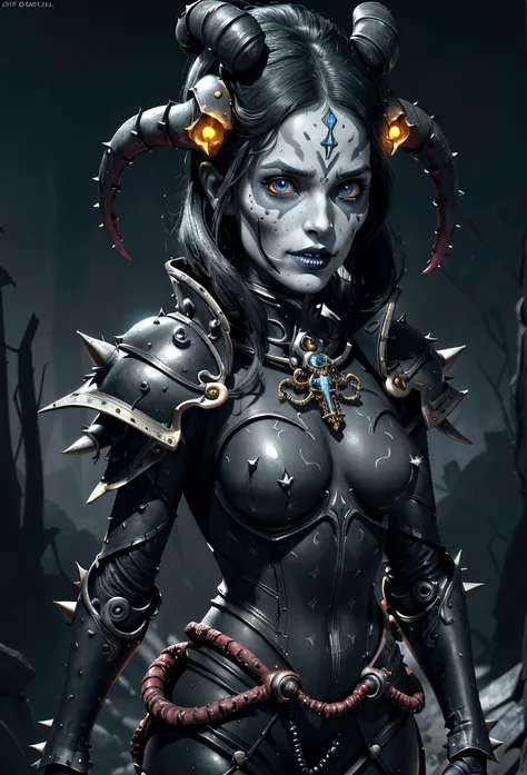 a gorgeous adepta sororitas from the movie tron, glowing skull armor, spikes, teeth, monster, dirty tentacles, pus pimples, crac...