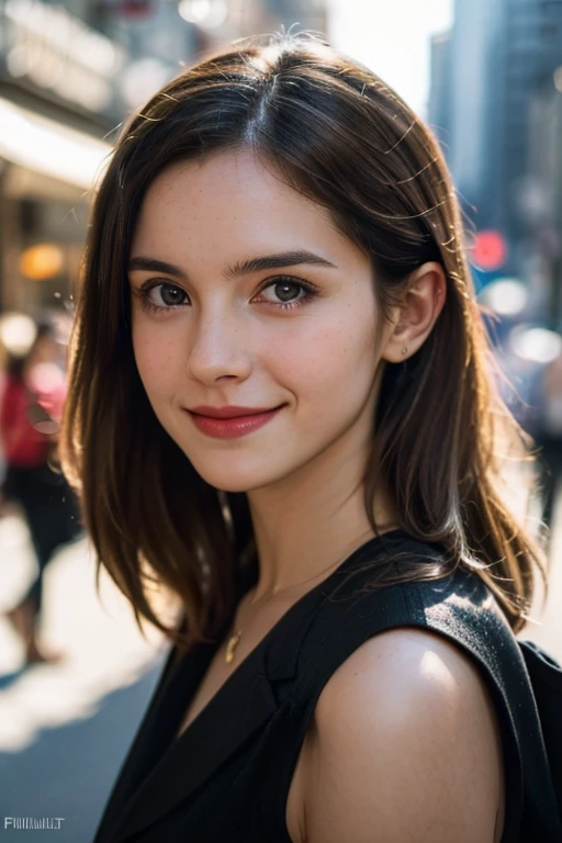 Natural photo of beautiful woman, With enchanting eyes, Smiling in the bustling city, Upper body framing, At a street photography shoot, Golden Hour Lighting:1.3), Shoot at eye level, Fujifilm X-T4 with 50mm lens, Alfred Stieglitz style