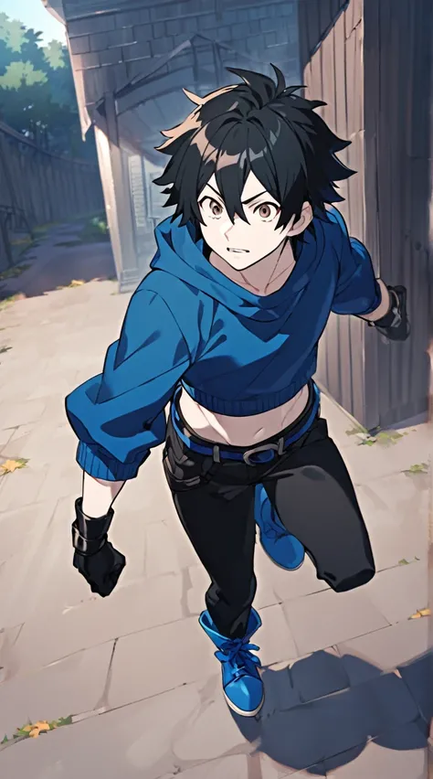 Screenshot Boku no my hero academia, male gender, white skin, brown eyes, short black hair with fringe, Hero Clothing: Black waterproof shirt, blue midriff-length sweater, black gloves, black pants, and blue boots 