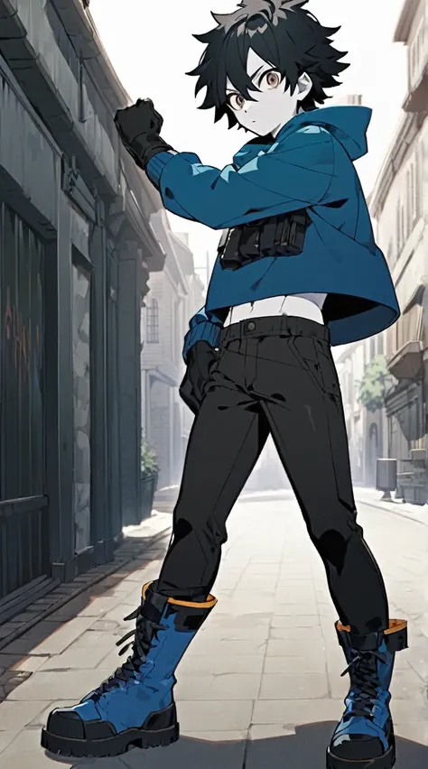 Screenshot Boku no my hero academia, male gender, white skin, brown eyes, short black hair with fringe, Hero Clothing: Black waterproof shirt, blue midriff-length sweater, black gloves, black pants, and blue boots 