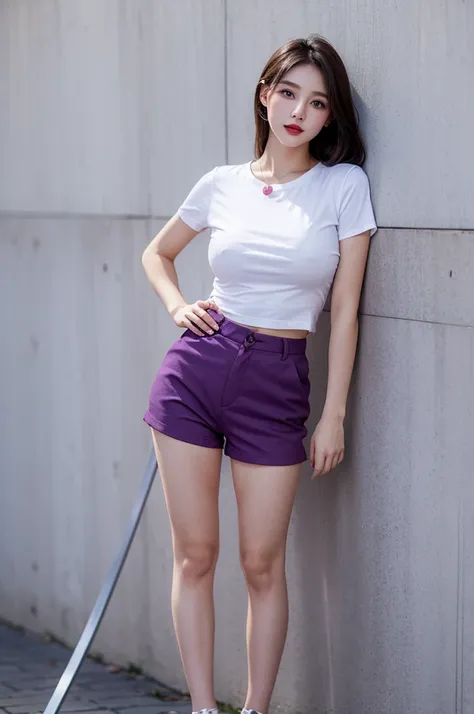 A very cute girl, solo, young, wearing purple t-short and short pants, big breasts, white and smooth skin, standing, full body, red lip, realistic face