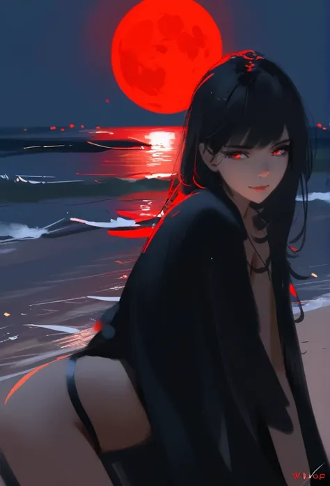 1girl, solo, wlop,
Black hair, gradient eyes, black cloak, seductive smile, 
beach, red moon, night sky
masterpiece, best quality,