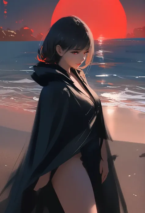 1girl, solo, wlop,
Black hair, gradient eyes, black cloak, seductive smile, 
beach, red moon, night sky
masterpiece, best quality,