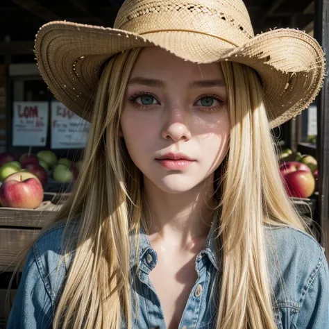 Woman, long yellow hair, cowboy hat, apples on her eyes, blood on her face