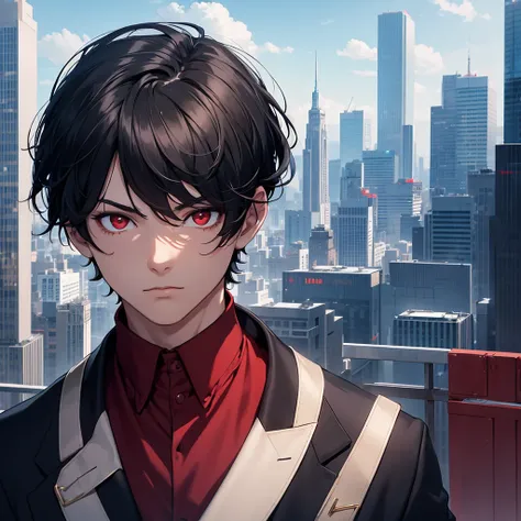 1boy, short black hair, red eyes, wearing all blue suits, on top of a building, high res, ultrasharp, 8k, masterpiece, looking at viewer from behind