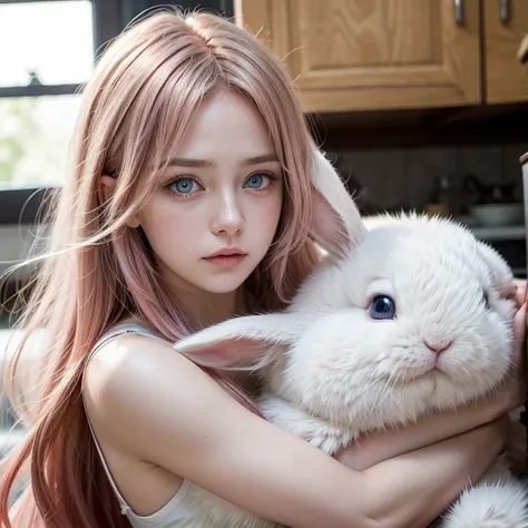 Woman, pink long hair, blue eyes, yellow wings, sad face, red eyes, hugging a bunny 