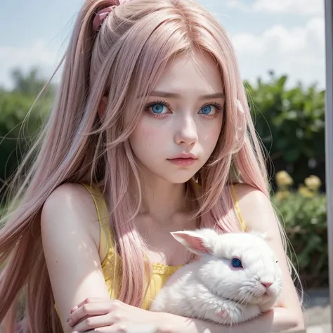 Woman, pink long hair, blue eyes, yellow wings, sad face, red eyes, hugging a bunny 