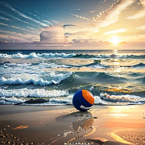 a volleyball on a flat beach，the sea in the distance，big orange sun in the blue sky