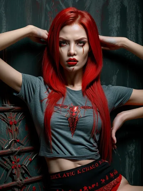 ((Highly detailed 1.3) A wicked woman, malignant, with flaming red hair, Scorpion, Agape Mouth, Fierce desire for blood. A young woman with fierce eyes, long legs,sign of Scorpio, T-shirt and panties.