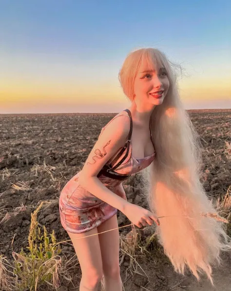 blond woman has long white hair standing in a field, Ava Max, Kim Petras (Peter Kim) Portrait, The album cover, Belle Delphine, Parsley, billie eilish, Extra long blonde hair, Kelly Mandel, User Photos, Pale skin, In the prime time, Anna Nikonova aka Newmi...