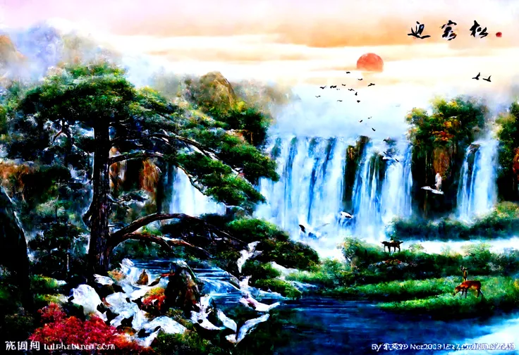 painting of a waterfall with birds and a deer in the foreground, nature painting, scenery artwork, anime nature wallpap, chinese painting style, a beautiful artwork illustration, detailed scenery —width 672, dream scenery art, anime nature, beautiful wallp...