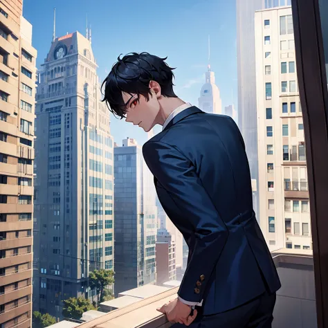 1boy, short black hair, red eyes, wearing all blue suits, on top of a building, high res, ultrasharp, 8k, masterpiece, looking at viewer from behind
