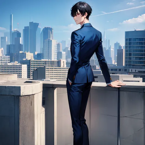 1boy, short black hair, red eyes, wearing all blue suits, on top of a building, high res, ultrasharp, 8k, masterpiece, looking at viewer from behind
