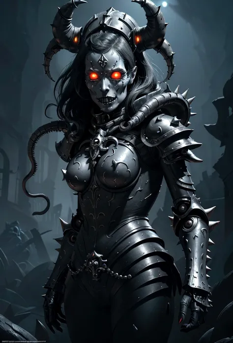 a gorgeous adepta sororitas from the movie tron, glowing skull armor, spikes, teeth, monster, dirty tentacles, pus pimples, crac...