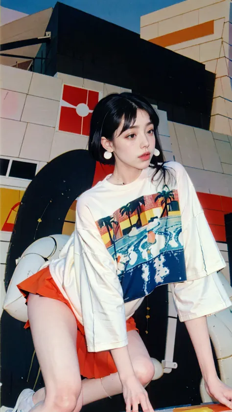 1 girl, beautiful, (black bob hair), almond eye, no makeup, olive skin white tshirt, ((oversize_tshirt)), peach tennis skirt in front of ((80s mondrian architecture colorful motel)),(from below:1.2), (realistic:1.1), (surreal:1.2), (very detailed:1.1), ((m...