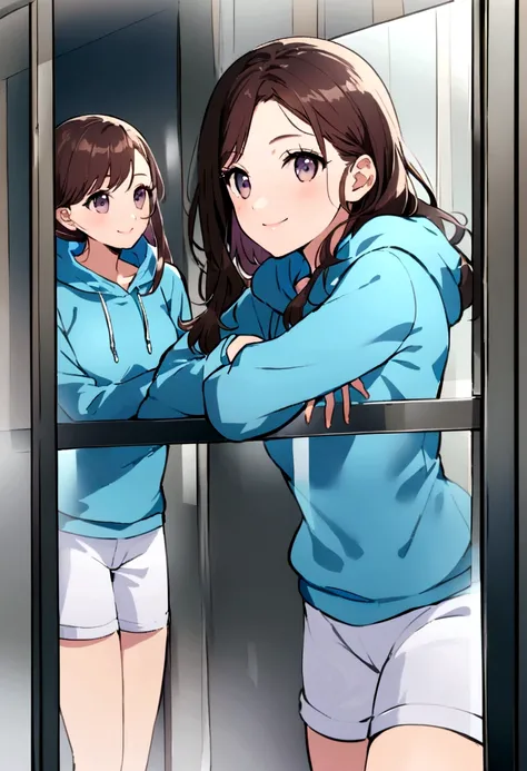 A teenage girl looks out from the concrete siding, smiling. Shes wearing a blue hoodie and white shorts. The background is glass, and her reflection is in the glass. She has her arms resting on the glass railing. The atmosphere of a nine-story luxury condo...