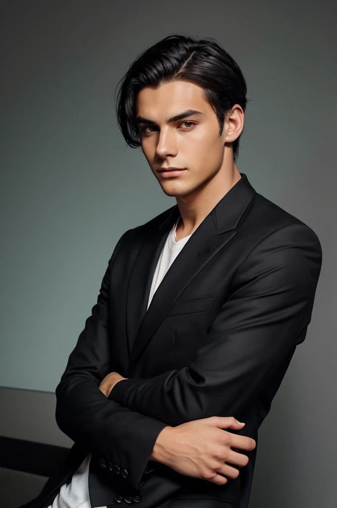 A young man with dark hair and a confident normal he is dressed in a black blazer over a white shirt the man is positioned against aqua colour blackdrop with a subtle red lighting on the left side and he posing for linkedin profile stylist pose
