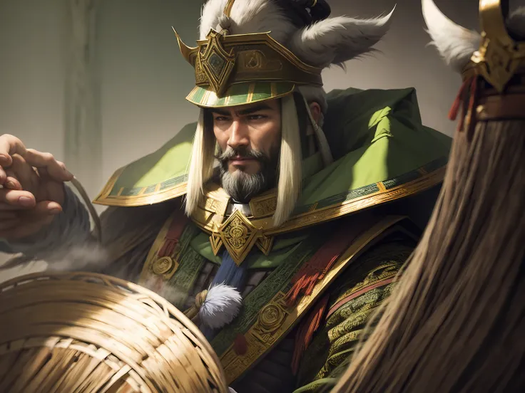 full-length portrait of chinese liu bei. his appearance is goat's beard, soft and charismatic. his topknot and light green armor...