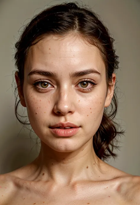 generate me a young woman with black hair ,realistic face, Almond eyes,bushy eyebrows,light brown eyes,fine nose,marked apples,thick lips , diamond shaped face with few freckles