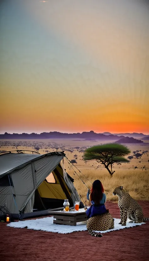 highest quality、masterpiece、sunset savanna、tent、adventurer woman having dinner on the turf、a cheetah looking longingly at someth...