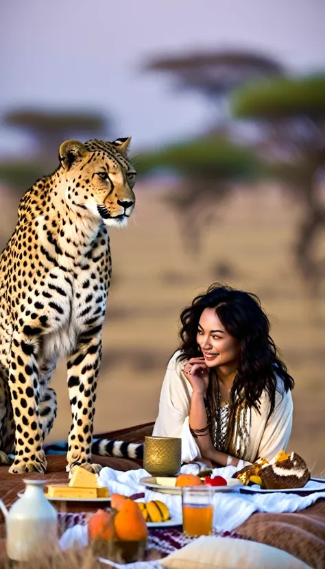 highest quality、masterpiece、sunset savanna、tent、adventurer woman having dinner on the turf、a cheetah looking longingly at someth...