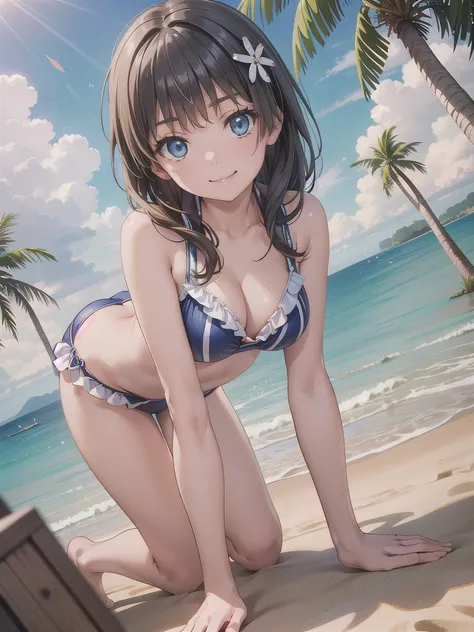 okay, saten ruiko, black hair, blue eyes, long hair, ((hair ornaments)), floral decoration, smile
((sexy swimwear:1.3)), 
((beac...